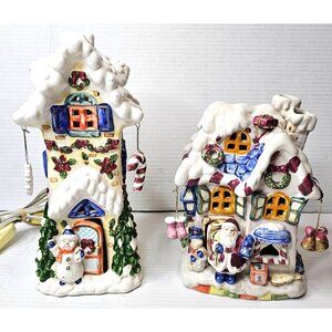 2 Holiday Ceramic Lighted Christmas Village Houses With Snowman & Santa Claus